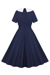 Marineblaues A-Linie Vintage 1950er Jahre Kleid mit Rundhalsausschnitt